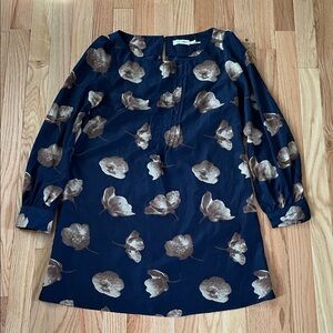 Blu Pepper Tunic Top Womens Small Blue Tan Floral Print Peasant Blouse Mature